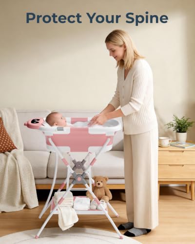 Image of 2-in-1 Baby Bath with Stand, Foldable Dinosaur Bathtub for Infant to Toddler, Portable Travel Tub with Soft Cushion for 0-18 Months, Pink