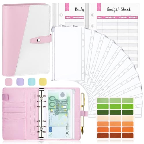 TAOPE Classeur Budget avec Enveloppe, Planner Sets en PU Cuir, Carnet 6 Anneaux Remplissable avec Pochettes A6 Transparentes, Organisateur Rose