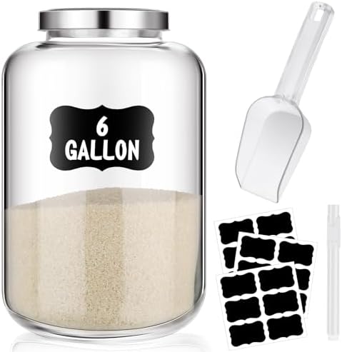 Hushee Tarro grande de vidrio de 6 galones con tapa de metal, tarros de galletas de boca ancha con etiquetas de cuchara, recipientes herméticos para conservas herméticas, recipientes de vidrio