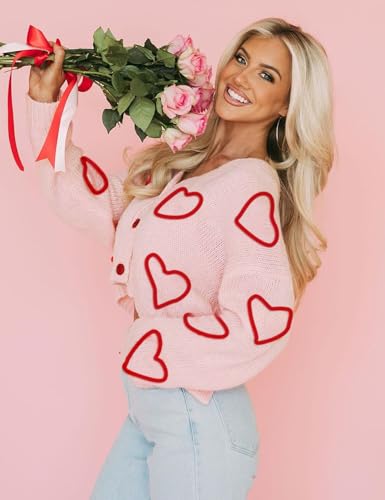 Image of Yimoon Women's Valentines Heart Cardigan Sweater Cute Cropped Knit Sweater Oversized Button Down Cardigan Top