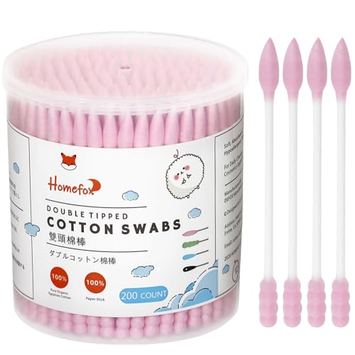 Image of HOMEFOX Pink Cotton Swabs Spiral Pointed - 200 Count Organic Cotton Buds Double Side Tightly Wrapped Precision Cotton Tips Paper Stick Soft Gentle Lint-Free Cruelty-Free, Spiral & Pointy (Pink)