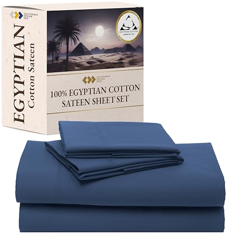California Design Den Full Size Bed Sheets Set - Certified 100% Egyptian Cotton Sheets, Soft Sateen, Deep Pockets with Anti-Skid Elastic, Cool and Durable Luxury Bedding - Navy Blue