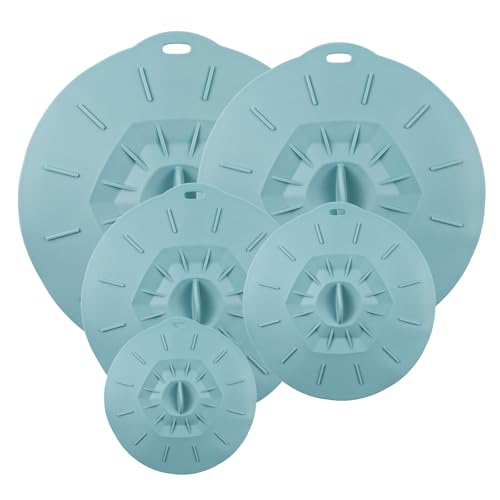 QUTHZZHY 5 Stücke Silikon Deckel, Wiederverwendbar Silikon Staubdicht Hitzebeständig, 5 Größen Staubdicht Hitzebeständig Frischhaltedeckel mit Saugeffekt Fuer Küche (Blau Grün)