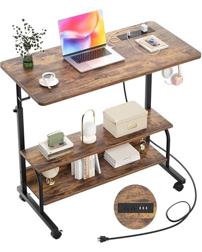 Height Adjustable Standing Desk with Power Outlets, 32' Manual Stand Up Desk with Storage Shelves Small Mobile Rolling Computer Desk Portable Laptop Table with Wheels for Home Office, Rustic