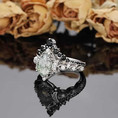 Irroya Genuine Moissanite Bridal Sets - 1.50 Carat Pear Cut Natural Moss Agate Wedding Sets - Milgrain Floral Half Eternity Engagement Ring - Round Cut Created Black Spinel Wedding Band - Art Deco Platinum Plated 925 Silver Rings - Gifts For Women - Vintage Jewelry - Promise Rings For Her (5.5) #TOP2