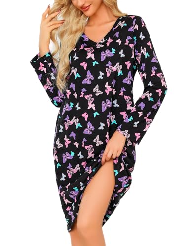 ENJOYNIGHT Women's Cotton Nightgown Long Sleeve V Neck Nightshirt Print Sleep Dress with Pockets