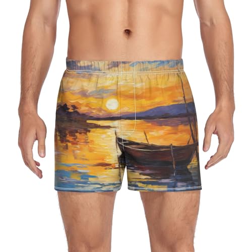 innewgogo Fishing Boats Painting Men's Cotton Boxer Shorts Moisture-Wicking Underwear Sleep Shorts with Button Fly Pajama Bottoms 2XL Multicolor