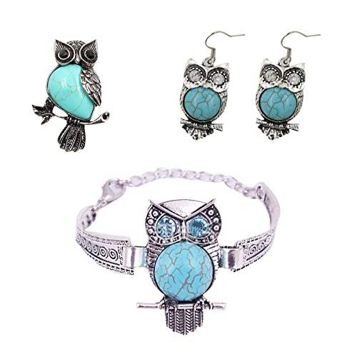 Soulnioi Bracelet bohème vintage en forme de hibou thaïlandais en argent avec boucles d'oreilles et pendentif hibou turquoise vintage, cadeau pour fille et...