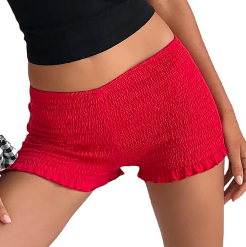 Image of NUFIWI Women's Y2k Ruched Mini Shorts Low Waist Ruffle Frill Bloomers Lounge Pajamas Smocked Micro Shorts Sleepwear