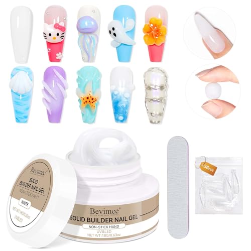 Bevimee White 3D Nail Gel Solid Builder Gel for Nails Sculpting Gel for Nails Art Hard Gel for Nails 18g Non-Sticky Hand Molding Carving Gel for Nail Sculpting Extension Gel Salon DIY at Home