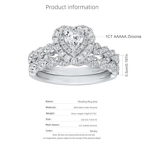 Image of Luxury Wedding Ring Sets for Women Heart 1CT AAAAA CZ White Gold Plated S925 Sterling Silver Engagement Ring Wedding Band