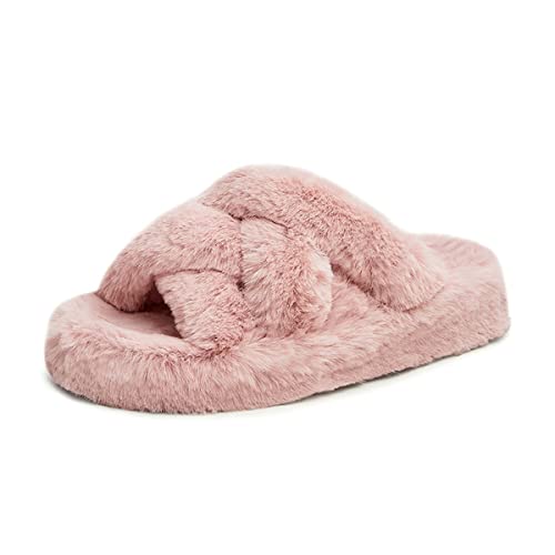 YDN Women Fuzzy Memory Foam Slippers Furry Heeled Slides Open Toe Indoor Outdoor Sandals Cross Band Slip On House Shoes Size 4-15 US