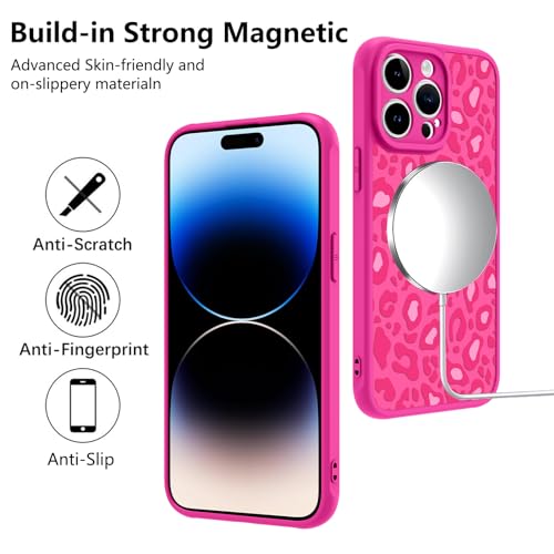 Image of KANGHAR Case for iPhone 14 Pro Max Hot Pink Leopard Printed Pattern | Cute Cheetah [Compatible with Magsafe] Protective Magnetic Case for Girls Women 6.7 inch
