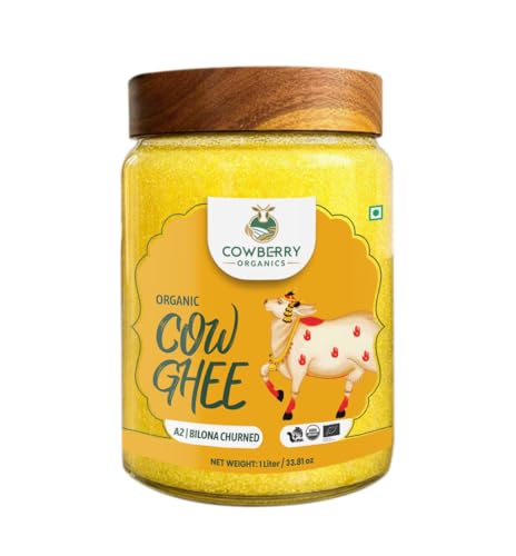 Image of COWBERRY Organic A2 Cow Ghee /Vedic Bilona Desi Ghee 1 L, Free-Grazing Native Cows | Cultured-Curd Hand-Churned | NPOP India, NOP USDA, EU Organic Certified | Lab-Tested 252+ Chemicals & Glyphosate Free
