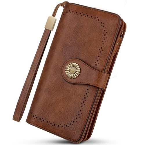 Portefeuille femme grande capacité TEUEN en cuir vintage avec RFID
