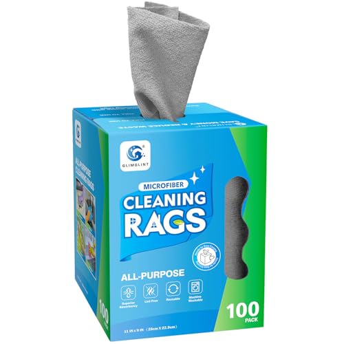 GLIMGLINT Microfiber Cleaning Cloth, 100 Pack Cleaning Rags, Lint-Free, Ultra Absorbent Reusable Paper Towels for Home, Kitchen, Car, Garage or Shop, Dish Rags, 11