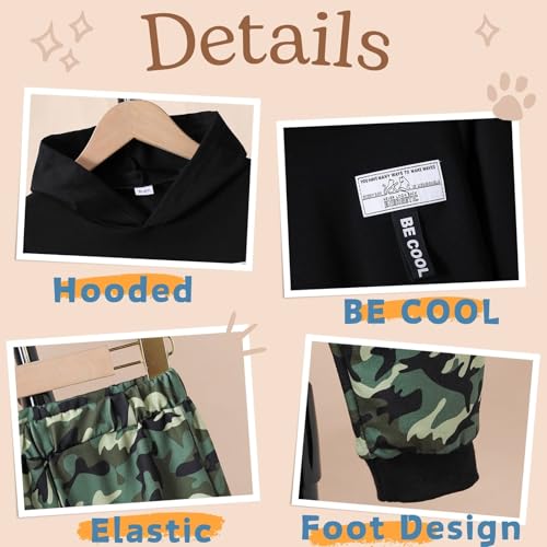 Image of Boys 2 Piece Outfits Long Sleeve Hooded Sweatshirt Top Camouflage Sweatpants Fall Winter Clothing Set 5-10T