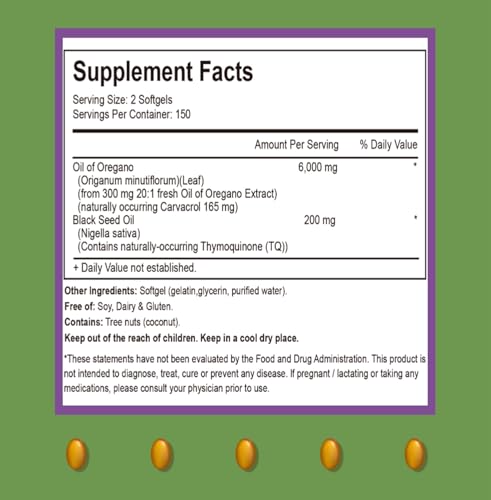 RTMGOB Oil of Oregano Softgels with Black Seed Oil Supplements,2 in 1 Oregano Supplement for Immune Health |Retains High Concentrated Carvacrol & Thymoquinone,Non-GMO-300 Softgels — view 2