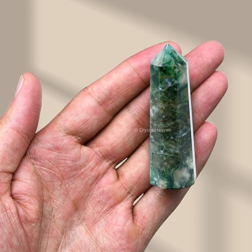 Image of Crystal Heaven Certified Moss Agate Crystal Tower Obelisk Point for Chakra, Healing and Balancing - AAA Grade Original Certified Gemstone Agate for Reiki Meditation Yoga Spiritual (2-3 Inches)