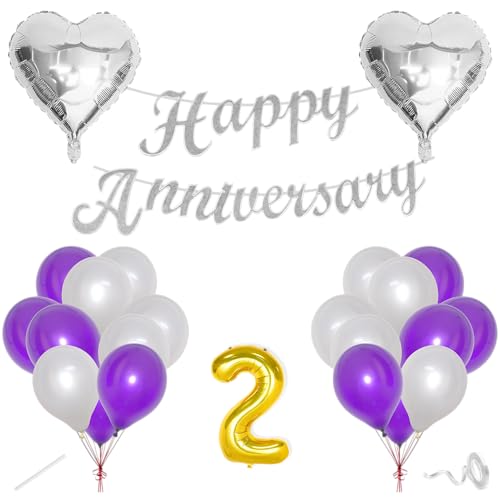Image of Flyloons 2nd Happy Anniversary Decoration Items Purple for Men Women Husband Wife Mom Dad Parent Couple Home Bedroom Car With 20 Pcs Metallic Balloons Anniversary Banner 2 Pcs Heart Set Kit