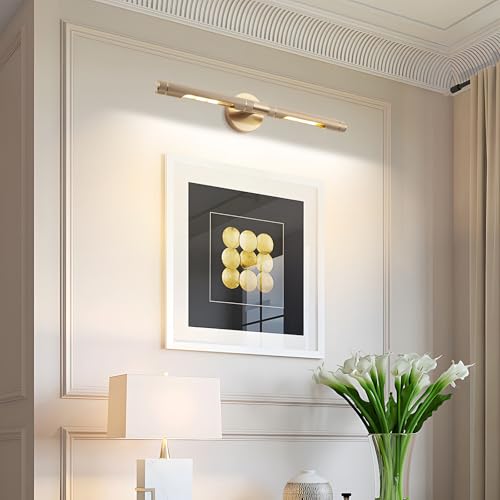 Image of Brass Wall Lights for Pictures,23.6in Hardwired Gold Knurled Brushed Wall Picture Light,Rotatable 360 Modern Gallery Light for Bedroom Bathroom Vanity Mirror Study Room, E12 Bulbs Included