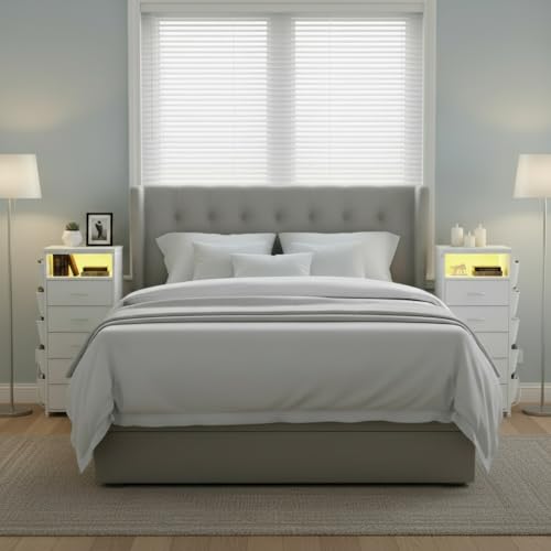 Image of EnHomee Tall Nightstand Set of 2, Bedside Table with Charging Station and LED Light, Night Stand with Extra Side Bag & Hooks, Bedroom, Closet, Hallway, Entryway, White