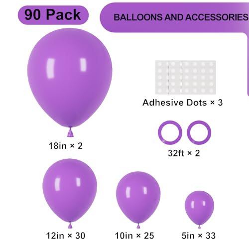 Image of Voircoloria 90pack Purple Balloons Different Size 18 /12 /10 /5 Inch Purple Balloon Garland Arch Kit for Halloween, Graduation, Wedding, Birthday, Baby Shower, Anniversary Party Decorations