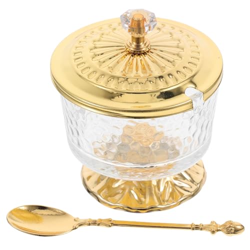 TOYANDONA Azucarero de Vidrio Transparente con Tapa y Cuchara Tarro Decorativo para Especias y Sal Bote de Cocina de Hierro y Vidrio Dorado Adecuado para Hogar Cocina y Salón 1 Unidad