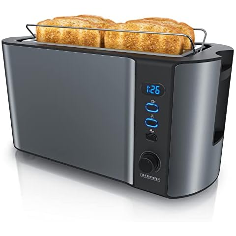 Arendo - Edelstahl Toaster Langschlitz 4 Scheiben, Defrost, wärmeisolierendes Gehäuse, Brötchenaufsatz, 1500W, Krümelschublade Cover