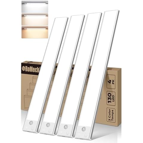 ROMECH Under Cabinet Light, 130 LED 3 Color Temps Motion Sensor Light Indoor, 3000mAh Under Cabinet Lighting Wireless with USB Charging, 15.7 Inch Closet Light for Kitchen Stair Wardrobe (4 Pack) Cover