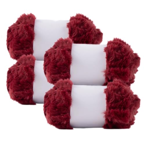 Red Faux Fur Yarn, Soft Fluffy Chunky Yarn for Hand Knitting, Cozy Plush for DIY Scarves, Hats, Blankets, Cushions, 4 Skeins