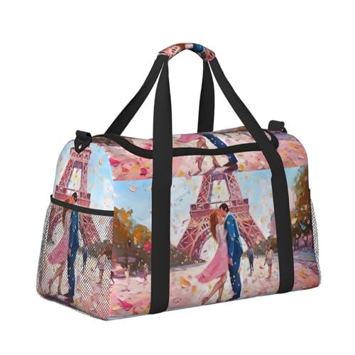 Pink Parisian Couple Duffle Bag Foldable Travel Tote Bag Carry On Large Weekender Overnight Bags Waterproof Gym Bag For Women Men
