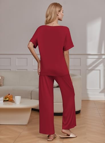 Image of Ekouaer Pajama Sets for Women 2 Piece Lounge Set Short Sleeve Tops and Long Pants Soft Comfy Pjs Sleepwear Outfits S-XXL