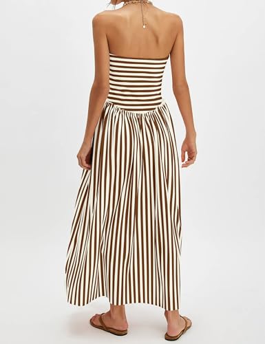 Image of Striped Tube Top Beach Dresses for Women Strapless Pleated Flowy Maxi Dress Summer Party Midi Dresses