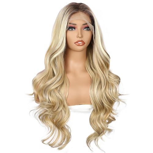 Sapphirewigs Highlight Blonde Lace Front Wig Synthetic Body Wave 13x4 Ombre Blonde Balayage Synthetic Lace Front Wigs for Women Party Date Daily Wear Christmas Natural Looking 26 inch - Image 4