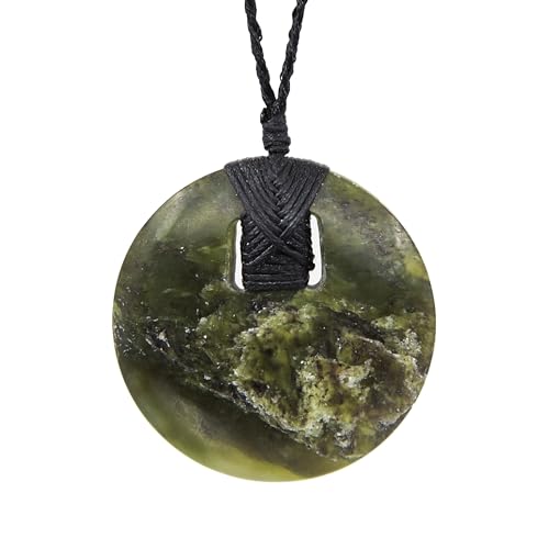 100% New Zealand Jade Necklace for Men and Women, Hand Carved Maori Necklace Jade Pendant for Men With Black Adjustable Cord, Pounamu Green Stone Necklace, Round Disc Nephrite Jade Necklace 1.6in