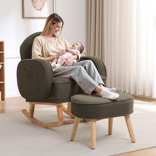 Image of HCHAIRH Rocking Chair with Ottoman, Upholstered Glider Rocker with High Backrest and Side Pocket, Rocking Accent Armchair with Solid Wood Legs for Nursery /Living Room /Bedroom Green