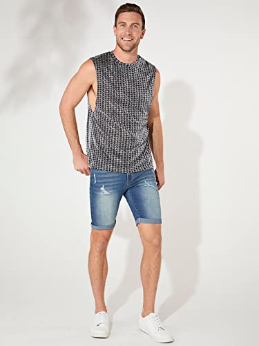 Wdirara Men's Mesh Houndstooth Galaxy Print Glitter Tank Top Round Neck Party T Shirt Sleeveless Tee Black L #TOP4