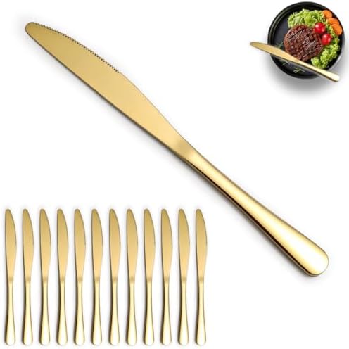 Reanea Gold Dinner Knives Set of 12 Pieces, Stainless Steel Titanium Plating Gold Plating Butter Knife, Table Knives for Home, Restaurant, Hotel, Wedding, Events
