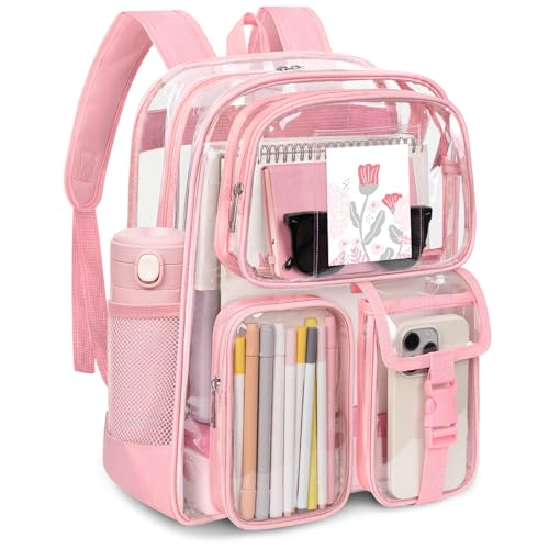 Attmu Clear Backpack for Stadium Events Heavy Duty PVC Transparent Bookbag with Reinforced Strap Large Capacity See Through Clear Bag for College Concerts Sport Work Security Travel Pink