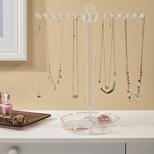 Clear Plastic Necklace Holder with 30 Individual Pegs and Divided Jewelry Tray