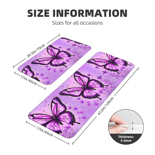 Juego de 2 alfombrillas de cocina con mariposas moradas, pack antideslizante 3