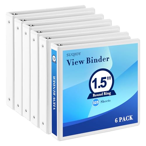 SUQJOY 1.5-Inch 3-Ring Binder with Pockets, 1-1/2’’ Clear View Binders,PVC Free, White Binder Holds up to 325 Sheets US Letter Size, Perfect for School,Office and Home(6 Pack)