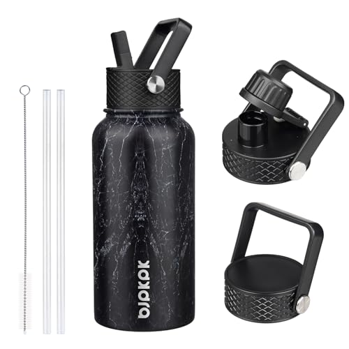 Image of BJPKPK Insulated Water Bottles with Straw Lid, 27oz Stainless Steel Water Bottle with 3 Lids, Leak Proof BPA Free Metal Thermo, Mugs, Tumblers, Keep Cold Hot - Midnight