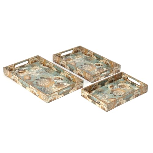 Image of DULI Set of 3 MDF Wood Enamel Coated Multipurpose Trays| Serving Tray for Home & Dining Table (16x10x2, 14x8x2, 12x6x2 Inches) (Setof3Nonwp- GreyGoldBirds)