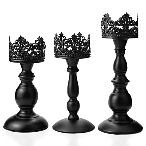Vintage Pillar Candle Holders For Table Centerpiece Set Of 3 - 11'' 9'' 8'' - Matte Black Metal Candle Stands Decorative - Candle Centerpiece For Table Fireplace Decor - Gothic Candle Holder #TOP5