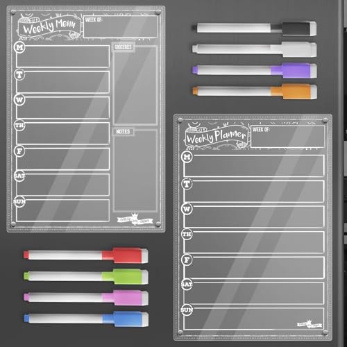 CHALKY CROWN Acrylic Magnetic Weekly Planner for Fridge Plus Menu Board for Kitchen with 8 Magnetic Markers - Dry Erase Board for Fridge - Weekly Meal Planner (2 Boards, 14.5x10.2 Each)
