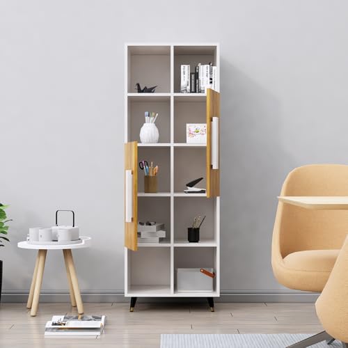 Image of Bniture Bookshelf for Home | Engineered Wood Book Shelf with 2 Door & 6 Shelf | Open Book Shelf Stand for Library | Multipurpose Display Organizer for Living Room & Study | Frosty White & Giant Wood