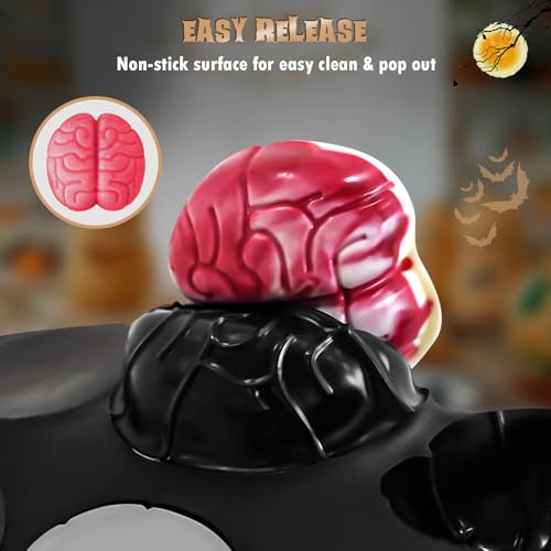 Image of HKNMTT Halloween Brain Silicone Molds 2 Pack 6 Cavity, Spooky Brain Shape Baking Tray for Chocolate Candy Wax Melts Tarts Cupcake Pizza Cake Oven Safe Food Grade Moulds for Kids Party DIY Fun