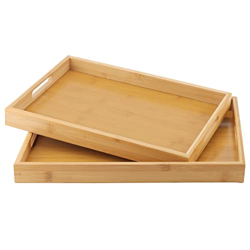 MANCHAP 2 Pack Bamboo Wooden Serving Platter Tray Set, 2 Sizes Rectangular Wooden Butler Trays with Handles for Eating, Breakfast, Tea, Coffee